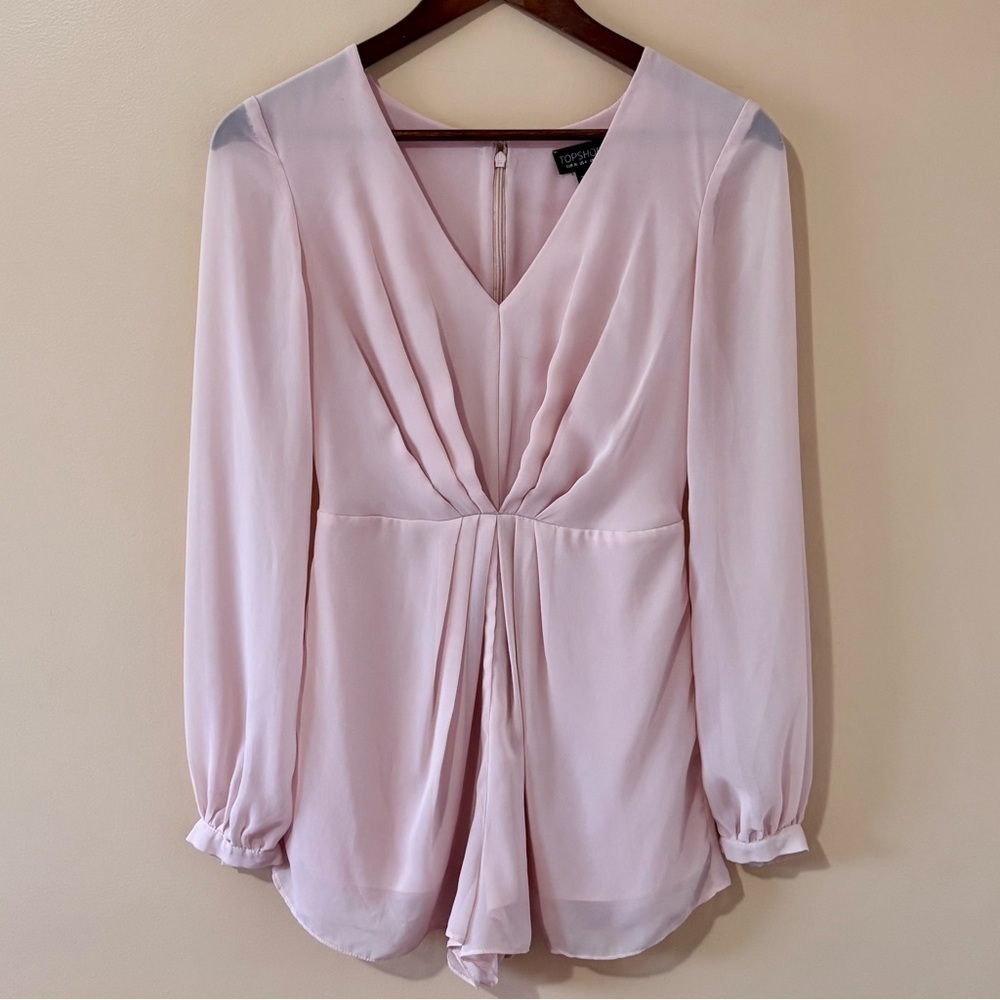TOPSHOP| Enchanting Pale Pink V-Neck Chiffon Shorts Romper w/Long Sleeves Sz 4
